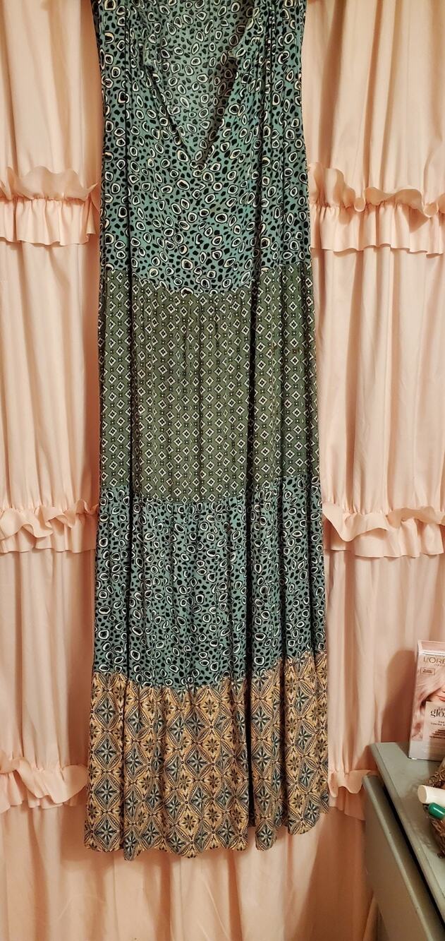 Suzanne Betro Maxi Dress Sleeveless Green Boho Hippie Flowy Cool Artsy 1X